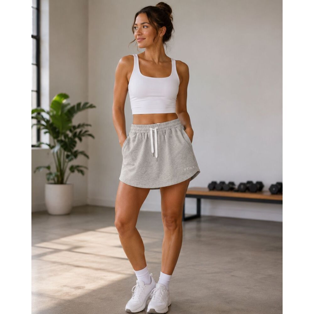 P’tula Womens XS Gray Pull On Mini Skirt Cozy Active Drawstring Pockets